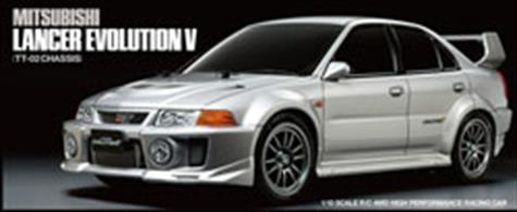 This R/C car recreates the Mitsubishi Lancer Evolution V as a 1/10 R/C model assembly kit based on our popular TT-02 chassis. The Mitsubishi Lancer Evolution 5th generation model took part in global rally races in 1998 and achieved both Maker’s and Driver’s Championships. This car featured a powerful body with bulging fenders, louvers and air intakes on the hood, and rear wing. This kit depicts it as a road car.1/10 scale R/C model assembly kit. Length: 445mm, width: 185mm, height: 145mm. Wheelbase: 257mm.