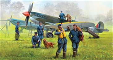The set includes Spitfire Mk. IX, Spitfire Mk.VII model kits and three pilots, three mechanics, one WAAF member of WWII British Royal Air Force with dog figure and airfield equipment.
