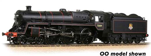 These were the BR standard version of the useful and flexible class 5 locomotives developed by the 'big four' companies, incorporating the best features of the Black 5, B1 and Hall classes, along with the standardised fittings and locomotive layout.These 5MT locomotives were capable of undertaking a wide range of duties. Powerful enough to haul express passenger trains and fast goods trains the type were often found working trains which used secondary routes, where larger locomotives were prohibited.On the Southern region the BR class 5MT locomotives replaced the older King Arthur class 4-6-0s and some of the former King Arthur names were transferred to the new locomotives. Hence 73082 received the name Camelot, which it still carries today in preservation on the Bluebell Railway. The model is painted in the early BR lined black livery with a BR1B type tender.DCC Ready. 6-pin decoder required for DCC operation.