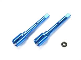 These Tamiya blue anodized aluminum front and rear propeller joints are option parts designed for the TT-02 chassis. Like the TT-02 Aluminum Propeller Shaft (Item 54501), they reduce the power lost in the transmission from the stock resin parts.
