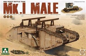 Takom 1/35th WW1 British Mk1 Male Tank 2031Takom 2031 a 1/35th scale model kit of a World War 1 WW1  British Mk1 Male TankSponson Crane • Flat Trailer • Steering Tail • Easy assembly workable tracks • Hatches can be fitted opened or closed • Choice of three markings • Moveable wheels • PE parts.Glue and paints are required.