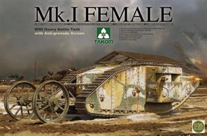 Takom 2033 a 1/35th scale model kit of a World War 1 WW1 British Mk1 Female Tank Anti-grenade Screen • Steering Tail • Easy assembly workable tracks • Hatches can be fitted opened or closed • Choice of three markings • Moveable wheels • PE partsGlue and paints are required