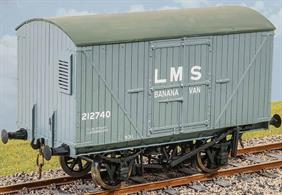 The LMS constructed 1000 of these vans specially equipped with steam heating and controllable end ventilators between 1925 and 1930 to carry bananas from ports such as Avonmouth, Garston and London, to inland warehouses. The majority of the type remained in service into the 1960s and the first batches of British Railways banana vans used this same basic design. This kit provides a useful addition to the Southern design banana van, kit PS100, particularly for the British Railways era.Supplied with metal wheels and 3 link couplings.