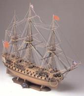 The H.M.S. Bellona was one of the most famous 74-gun ships of the British Navy. The Bellona, launched on 19 February 1760, sailed to join the battlefleet which was then blockading Brest. On 30 December 1780 the Bellona took part in the capture of the 44-gun Dutch ship Princess Caroline; then she cruised off Gibraltar, in the North Sea and the West Indies. She was employed in the blockade of Cadiz; then, the Bellona was at Jamaica, at Portsmouth and at Barbados. Plank on bulkhead assembly uses pre-cut plywood. All fittings are finished and ready to use, some parts must be cut from wood supplied. Bow and stern fillers assure correct hull shape, and double planking is done in limewood and walnut.Brass figurehead, stern ornamentation and photo-etched brass parts are intricately detailed. Armament consists of a full set of cast metal cannon, ranging in size from 11 to 30 millimeters. kit is complete with cannon carriages as needed, gun port lids, silk screened flags, five diameters of rigging line, plans, illustrated instructions.Scale 1:100, Length: 770mm.Skill Level 4