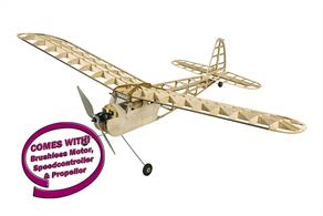 Supplied as a ready-to-build kit including a brushless motor, ESC and Prop. You will need to supply your own covering material, glues, radio system and battery. Classic high wing aircraft kit. All wooden parts are laser cut. Very easy to assemble.