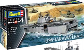odel kit of an amphibious attack ship of the US Navy. The ships are a combination of a helicopter carrier and a floating port for landing craft. hoisting crane, Gun turrets, Landing boats, Helicopters, Display stand Decals for 5 ships of the Tarawa class length 347mm Width 100mm Parts 102