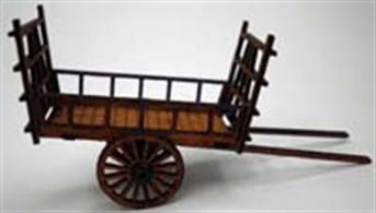 A detailed laser-cut wood kit of a traditional English horse-drawn farm hay wagon.