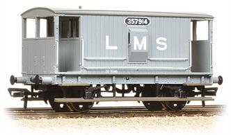 A detailed model of the early LMS standard design of goods brake van, a direct development of the last Midland Railway design. These vans were built with and without side lookout duckets, both styles remaining in service into the 1960s.This model of a van with lookout duckets is painted in the LMS grey colour.