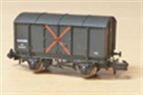 An excellent model from Dapol of the iron bodied gunpowder van, complete with red cross hazard marking to warning staff that the contents may be dangerous and the van should be shunted carefully. Due to the robust construction some of these vans remained in service safely moving explosives until replaced in the 1980's.Gunpowder vans were used for the transport of many types of explosives, ranging from early powders to later dynamite and the more stable gelignite. The vans were also used for military traffic, including the delivery of small consignments of ammunition, live and practice, for&nbsp;the use of Territorial Army, reserve units and Army/Navy/Air Force cadet units. A good reason for one single wagon of 'explosives' to arrive at any railway station from time to time.