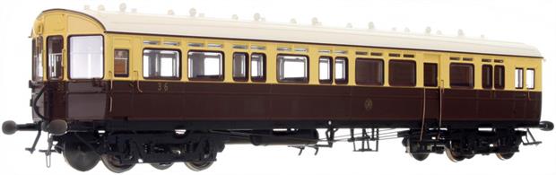 Highly detailed model of GWR trailer autocoach number 36 painted in the 1934 chocolate and cream livery with shirtbutton monogram.Fitted with metal wheels, sprung buffers and screw couplings. Lighting and DCC options available.Model expected January 2022.