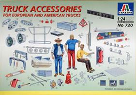 Italeri 720 1/24th Truck AccessoriesAdd extra detail to your model truck with this accessory set , driver, wheels, stacks, tools are some of the many parts included.