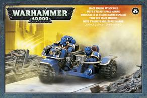 This box set contains one multi-part plastic Attack Bike that can be assembled with either a heavy bolter or multi-melta.