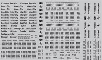 Modelmaster Decals MMBR203 00 Gauge BR Post-1964 Coaching Stock Lettering &amp; Numbers BlackComprehensive sheet of B.R. post 1964 Coaching Stock. Numbers, names, door markings, etc. Includes parcel van markings. B.R. Transport Typeface, Black. 
