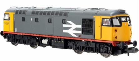 A detailed model of the BRCW type 2 BR class 26 locomotive finished as 26037 in the Railfreight grey livery applied to many of the class following refurbishment and fitting of air brake equipment in the 1980s.Transferred to freight duties in the early 1980s the 26s served for many years hauling shorter freight trains around the industrial areas in Scotland, outliving the later and more powerful class 27s.