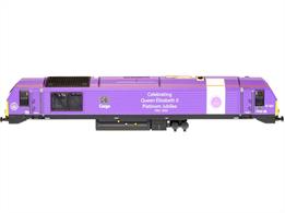 Detailed N gauge model of DB Cargo class 67 locomotive 67007 as specially finished in Platinum Jubilee purple livery to commemorate the 70 year reign of Her Majesty Queen Elizabeth II in 2022.