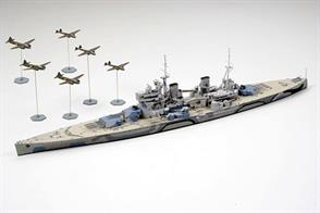 Tamiya 1/700 Prince of Wales RN WW2 Battleship Kit Battle of Malaya 31615Highly detailed 1/700 scale model of the Prince of Wales with an Overall length: 322mm. Stand and base is included to depict Japanese fighter bombers in flight.Glue and paints are required