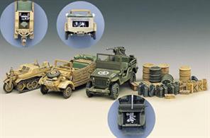 Academy 1/72 WWII Ground Vehicle Set 13416Accurate reproduction of light vehicles used by Allies and Axis. Set comprises of a Willy Jeep, Kubelwagen, Kettenkrad plus various jerry cans, oil drums &amp; ammo boxes. Great complement for 1/72 dioramas.Glue and paints are required