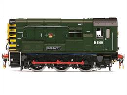 This model replicates D4100 as preserved at the Severn Valley Railway, Kidderminster painted in the classic BR green livery with wasp striped ends and BR lion holding wheel crests.Class 09 is a sub-type of the BR standard 400bhp class 08 shunters which were geared to give a higher maximum speed. Intended for service on the Southern region many of these locomotives were equipped with high level brake lines for shunting multiple unit stock.The locomotive was named 'Dick Hardy' in honour of Richard 'Dick' Hardy who was a Divisional Manager with BR and oversaw various railway changes. DCC ready with 8 pin decoder connection.