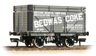 Detailed model of a 8 plank open coal wagon fitted with extra coke rails as operated by the Bedwas Coke company.Coke is coal heated in the absence of air to drive off impurities, the resulting purer carbon coke burns at high temperature and is used in iron and steel making process. The coke is less dense than coal so 'coke rails' were used to increase the volume of a 12 ton coal wagon so a full 12 tons of coke could be carried.
