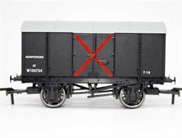 A detailed model of a specially constructed van for conveying high explosives, originally gunpowder.These vans were clearly marked to ensure that railway staff knew the contents were dangerous and precautions had to be taken in the handling of the vehicle. The bold red cross will make this wagon stand out on your layout.