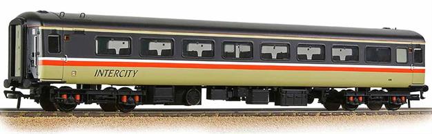 New and detailed models of the BR air conditioned express passenger stock built from the early 1970s. BR was one of the first European railways to offer air conditioned accommodation as standard on principal services.Model of a second class TSO coach in InterCity livery with swallow logos.