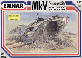 Emhar EM4005 1/35 Scale British WW1 MkV "Hermaphrodite" Heavy Battle TankThe kit includes decals for 8 options and complete assembly instructions.Glue and paints are required