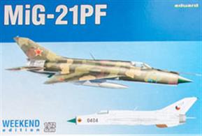 Weekend edition kit of Soviet Cold War jet fighter MiG-21PF in 1/72 scale. Russian and Czech markings.
