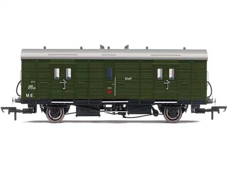BR 20-ton goods train brake van allocated to the London Midland region. Grey livery with weathered finish.
