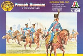 Italeri 1/72 French Hussars Plastic Figures 6008Box contains 17 unpainted figures and horses in different poses.