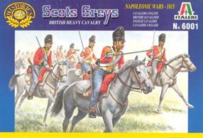 Italeri 1/72 Scots Grey British Heavy Cavalry Plastic Figures 6001Box contains 18 mounted figures and horses in different poses.