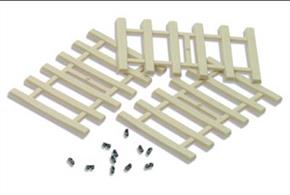 Peco OO Concrete Sleepers IL-121Short sections of concrete sleepers with rail fixings suitable for hand-built track and to in-fill gaps at joints etc.96 sleepers with 200 separately moulded rail fixings, 32mm x 3.5mm (base), 3mm (top). Moulded in realistic concrete colour plastic, the rigid six-sleeper units enable straight track to be accurately and easily laid. For curved track simply cut the webs joining the sleepers on the side. The separate rail fixings are moulded in brown plastic and slide onto the Code 82 Flat bottom rail(IL-115).