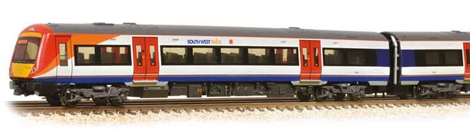 2-car class 170 'Turbostar' diesel multiple unit train in SouthWest Trains livery.