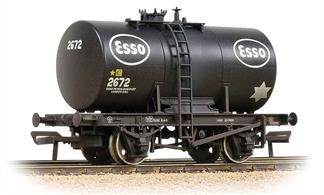 This model features a significant detail upgrade on the older oil tank wagon models, with 'generic' design.Cylindrical tanks were mounted to railway wagon chassis by several methods, the mouting becoming steadily more robust as designs were developed. The anchor mounting uses strong central brackets to connect the tank section with the chassis solebars in the central portion of the chassis between the axles. This design was introduced in the 1930s and a large numbe of these anchor mounted oil tanks were built before and during WW2 for the air ministry. After WW2 these wagons were sold to the oil companies, so this design of tank wagon formed the primary post-war oil wagon fleet until larger 35 and 45 ton designs appeared in the 1960s.