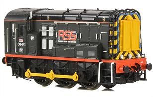 A detailed model of RSS ex-BR class 08 diesel shunting locomotive 08441 featuring outside frames and fly cranks finished in RSS Railway Support Services black livery.Fitted with a DCC controlled sound system,