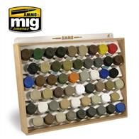 Shelves optimized to store 54 individual jars of Tamiya / Mr Color style 10ml (1/3 oz), 34 millimeters wide bottles in the smallest possible space. The bottles are stored at an angle minimizing its size and allows us to find our colors at a glance. Size 40 x 30 x 6.5 cm. It can be placed on a table or hung on the wall. Made of Wooden fiber, it is easy to assemble in minutes. Requires white glue not included.    
