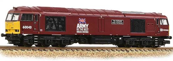 Detailed N gauge model of DB Schenker class 60 locomotive 60040 The Territorial Army Centenary finished in army maroon red livery.The centrally mounted motor drives all six axles while the diecast chassis has been carefully designed  to keep the cab interiors clear and provide extra space behind the large bodyside grilles. This has allowed the body structure members and equipment visible through the grilles to be represented very effectively. Roof detailing is also excellent, with good relief around the large exhaust silencer box making this unit stand out. Wire handrails and sanding pipes complete the factory fitted details, while direction controlled lighting really makes the locomotive stand out when running.Standard N gauge couplers are fitted, a small additional bag is supplied containing the deep headstock plates and plows, plus the air brake pipes for modellers wishing to finish their models with these.Era 9. DCC Ready 6 pin decoder required for DCC operation. Directional lighting. NEM plug-in couplers. Length 144mm.