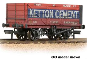 A detailed model of an 8-plank open coal wagon lettered for Ketton Cement.The wagon also carries the identity of it's actual owners, Thos W Ward, the well-known Sheffield coal factors. It is likely that this wagon was painted  in connection with a long-term contract for the supply of coal to the cement companys' furnaces.