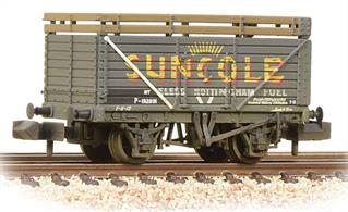 A nicely detailed model of an 8 plank open coal wagon fitted with coke rails to increase the volume carried. This wagon is painted in the black livery with yellow lettering and sunburst logo of smokeless fuels supplier Suncole.