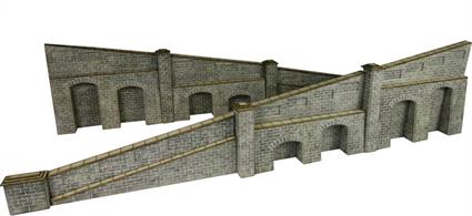 Metcalfe OO Tapered Retaining Wall - Stone Style - Card Kit PO249Each pair of tapered wall sections (they are handed) are designed to match up with the retaining walls, and can also be used to create a ramp in conjunction with the matching bridge kits (see below).Length 450mm per wall sectionMatches PO245 Retaining Wall and PO247 BridgeHeight to top (max) 103mmDepth (max. at bottom) 16mm