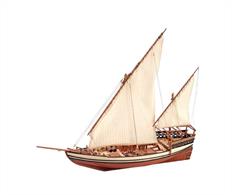 The modeling kit of the Sultan dhow contains everything necessary for the model to be a faithful reflection of the original ship, thanks mainly to its design by false keel and frames. It is a 1:85 scale model, an elegant two-sided boat primordial in naval modeling. The replica contains a set of parts of board precut by laser of high precision; wood, brass and foundry parts; wood and birch veneer; high-quality brass photo-engraving pieces; sails handsewn and ready to be placed; cotton yarn; stand to expose the model once finished; Super detailed step-by-step guide.
