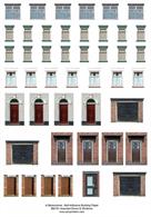 Sheets of alternative doors and windows which can be used to alter card kits and backscene buildings with different styles of fittings and and paintwork colours to reduce repetition in a line of similar buildings.
