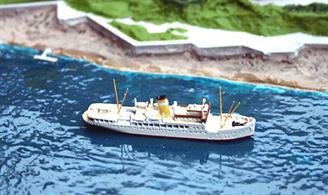 A 1/1250 scale model of the Lehmann Line ferry Dania (ex-Frem of 1924 running from Denmark to Bornholm) in 1953 by Albatros SM AL283A. Albatros are proposing to make Frem.This ship ran from Lubeck to Helsingboarg via Travemunde and Copenhagen from 1953 to 1958 but was then sold to Saudi Arabia as MS Arafat. She sank in 1978.