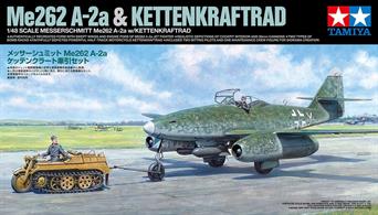 The Messerschmitt Me262 A-2a with Kettenkraftrad ground vehicle has returned for a limited time only! The limited-edition model kit recreates the Me262 which was the first jet fighter to ever be deployed into combat. The kit includes Tamiya’s first ever 1/48 scale military ground vehicle, the Kettenkraftrad, which toed the Me262 A-2a at airfields during the war.1/48 scale, total height: 221mm, total width: 264mm. • Canopy and cannon covers can be assembled opened or closed. • Two types of bomb racks are available for assembly. • Replicas of two 250-pound bombs and two take-off assistance booster rockets have been provided in the kit. • The front landing gear bay has been made of die-cast aluminum and is weighted for balance. • The kit features a 1/48 scale Kettenkraftrad towing vehicle. • Three pilot and ground crew figures included. • Includes decals for recreation of three different planes.