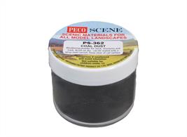 PS-362 Coal Dust - made from real coalTub of fine black weathering powder designed to help replicate the dust deposits left behind from coal loads in wagons and anywhere coal is handled during loading, unloading or storage.Supplied in a handy screw-top tub for convenient and mess-free handling.