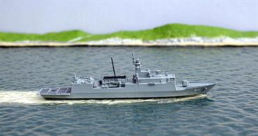 A 1/1250 scale metal model of an Incheon-class frigate from South Korea. The model has the pennant number for Incheon. 5 have been commissioned, a sixth should commission this year and a seventh is under construction.