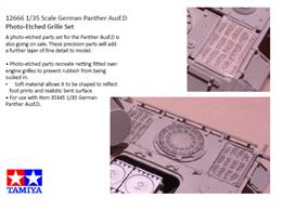 Tamiya 12666 1/35th Scale Photo Etched Parts for Tamiya Panther D Kit 35345This is a photo-etched parts set for the Panther Ausf.D. These precision parts will add a further layer of fine detail to model.