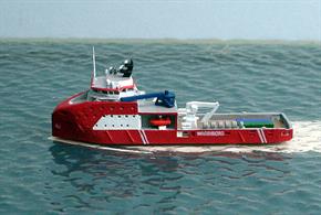 A 1/1250 scale metal model of Kroonborg, an off-shore support vessel (SOV) to service unmanned rigs on a "walk to work" scheme..