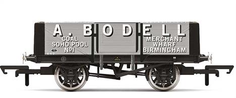 Model of a 5 plank open coal wagon operated by A Bodell of Birmingham.
