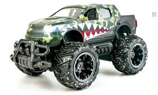 Monster truck 1/14 with ABS plastic body shell with great finishing and details. Includes light to play in the dark and 2,4Ghz technology to play interference free.