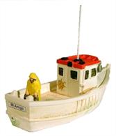 A small inshore type lobster fishing boat with red painted roof and fisherman figure lifting lobster pots.Registration number RY 199 on bows, name 'Mi Amigo' on stern.Size(mm): L100, W36, H36 